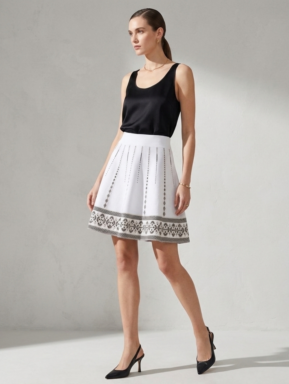 D.Exterior Italy Knit A-line Skirt White With Geometric Print